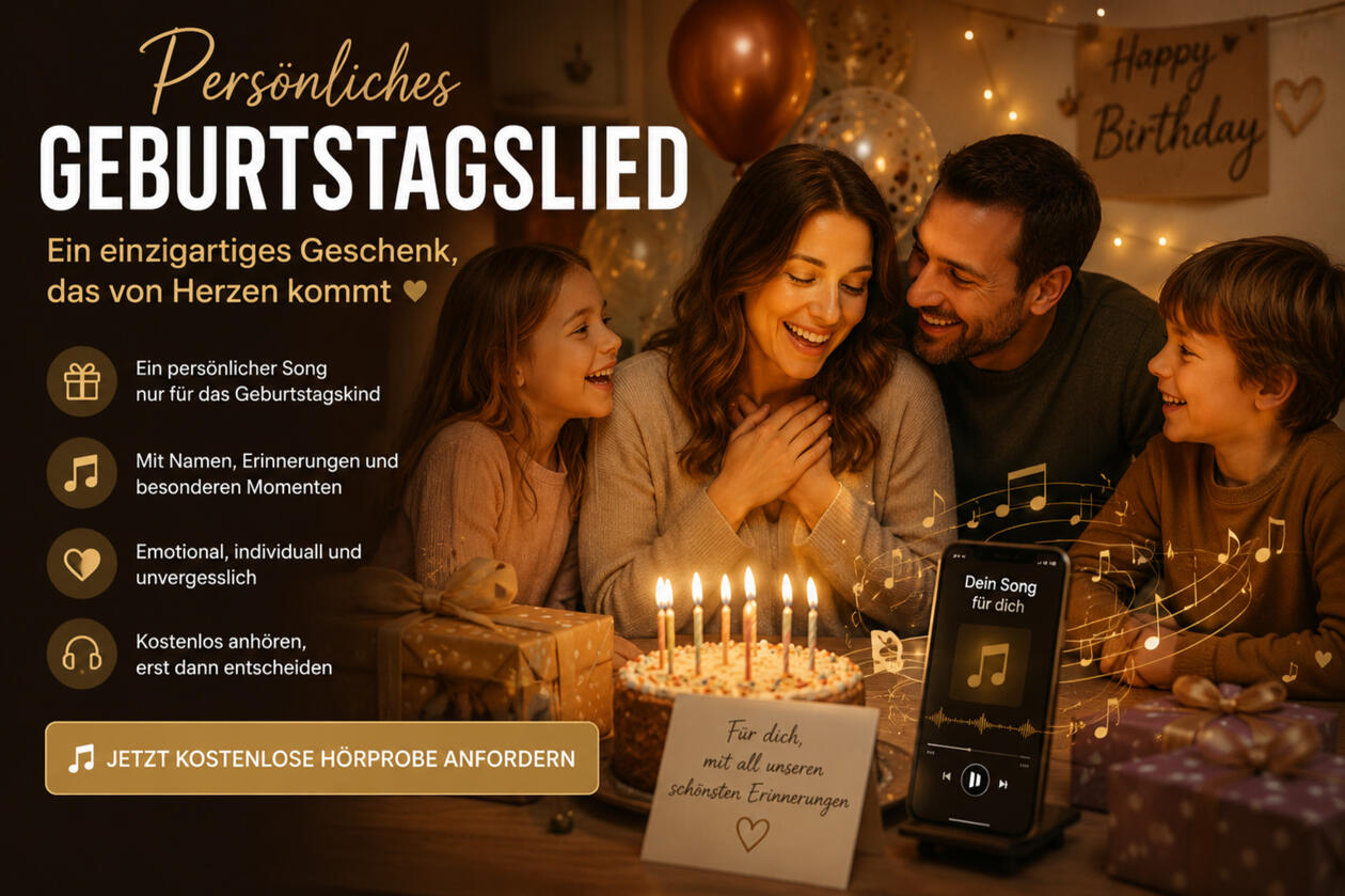 Überrasche das Geburtstagskind mit einem einzigartigen Song voller Erinnerungen, Emotionen und persönlicher Momente. Jeder Song wird individuell nach deinen Angaben erstellt und macht den besonderen Tag unvergesslich.