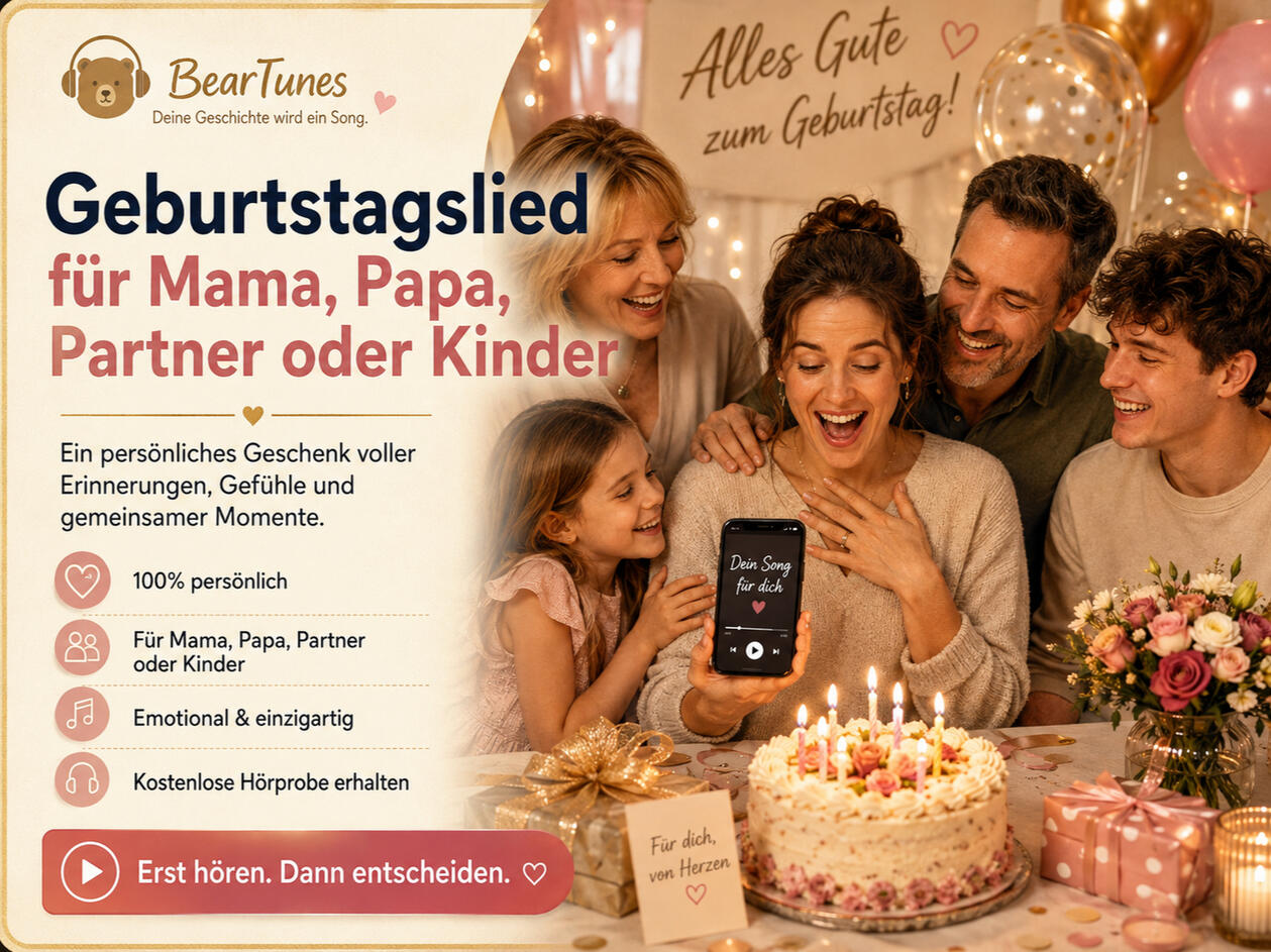 Jeder Mensch hat seine ganz eigene Geschichte und genau deshalb sollte auch ein Geburtstagsgeschenk persönlich sein. Ob für Mama, Papa, den Partner, die Partnerin oder ein Kind, mit einem individuellen Geburtstagslied verschenkst du Erinnerungen, Gefühle u