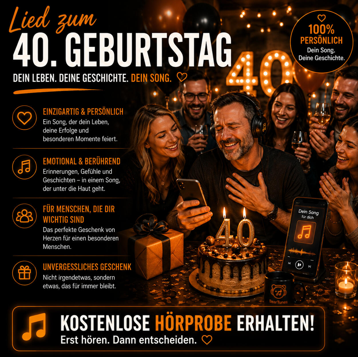 Der 40. Geburtstag ist ein besonderer Moment, um auf viele schöne Erinnerungen, gemeinsame Erlebnisse und wichtige Menschen zurückzublicken. Mit einem persönlichen Geburtstagssong verschenkst du nicht einfach nur Musik, sondern eine einzigartige Geschichte