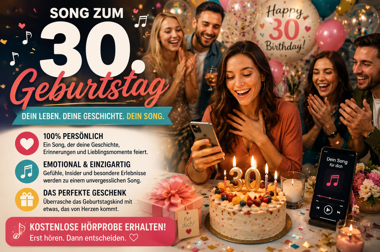 Der 30. Geburtstag ist ein besonderer Meilenstein. Viele unvergessliche Erlebnisse liegen bereits hinter dem Geburtstagskind, gleichzeitig warten noch unzählige Träume, Ziele und neue Abenteuer. Ein persönlicher Geburtstagssong verbindet all diese Erinneru